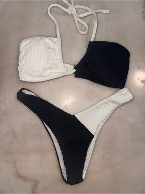 Black and White Textured Two-Piece Bikini Set